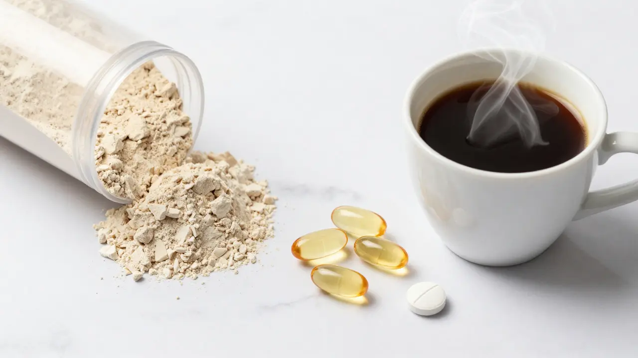 Makro záběr bílkovin, omega-3 kapslí a kávy na mramorové desce