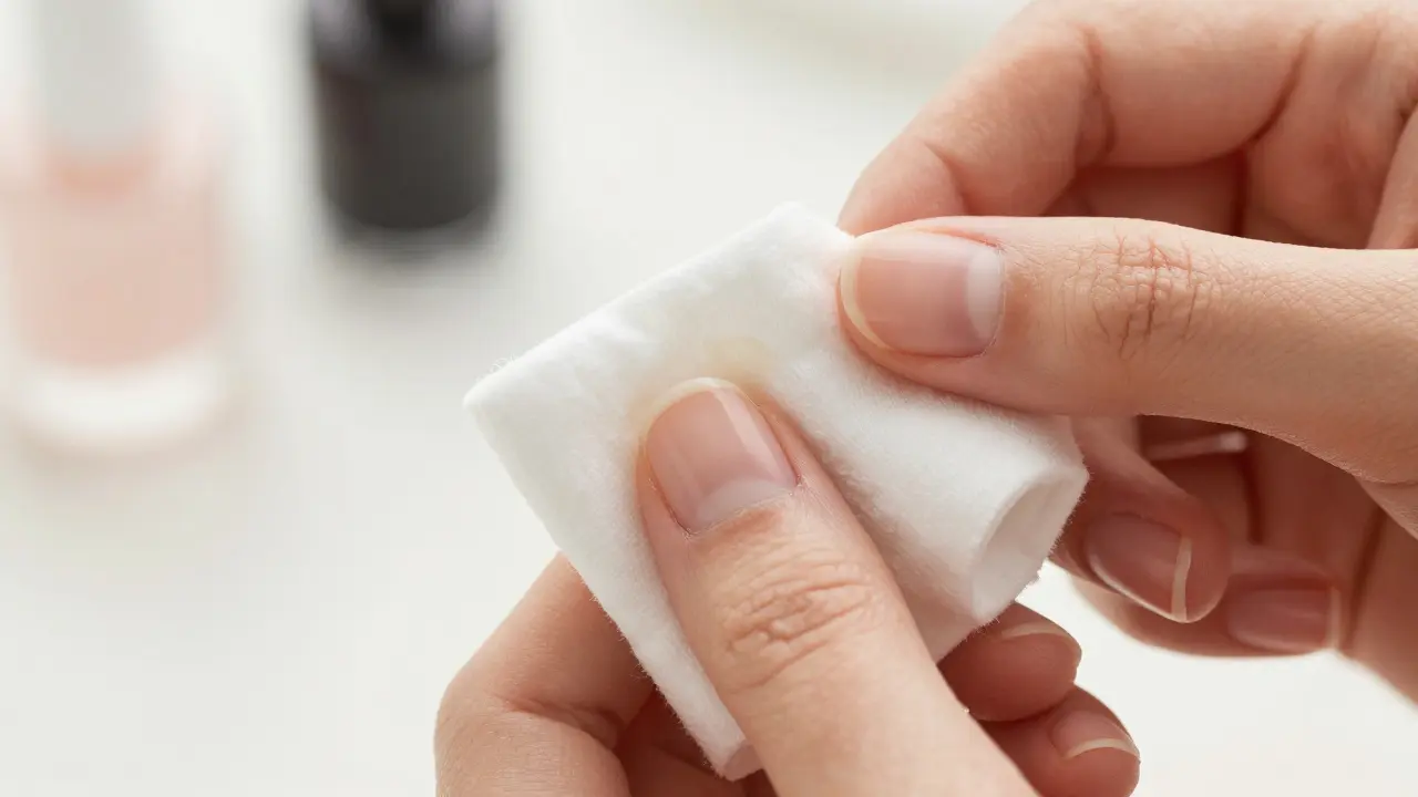 Správná technika odlakování: vatový tampon přitlačený k nehtu.