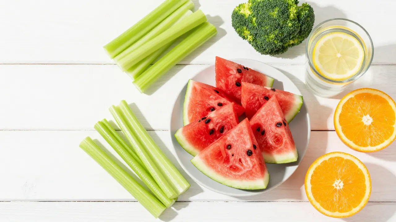 Svěží ovoce, zelenina a voda na stole pro detoxikaci