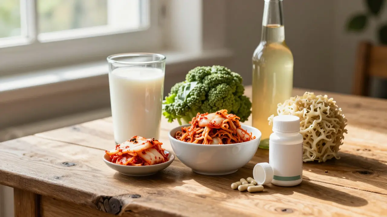 Fermentované potraviny jako kefír a kimchi vedle probiotik