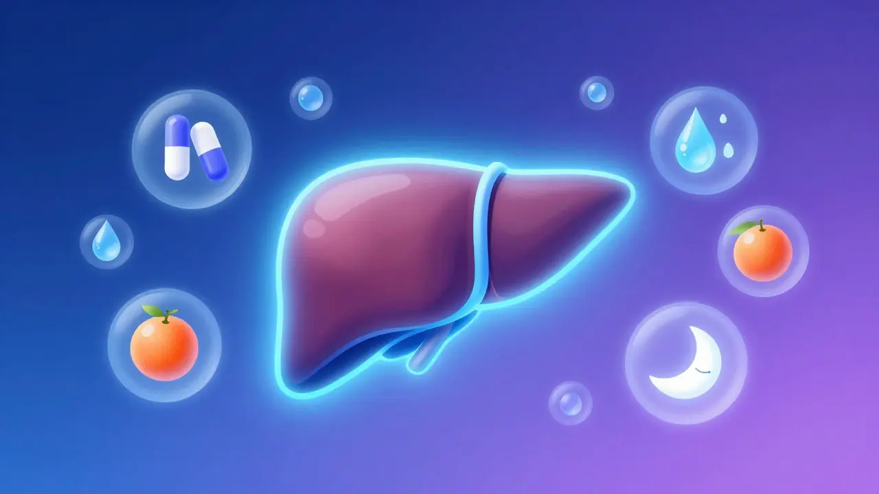 Konceptuální ilustrace jater s magnéziem a vitamíny pro regeneraci