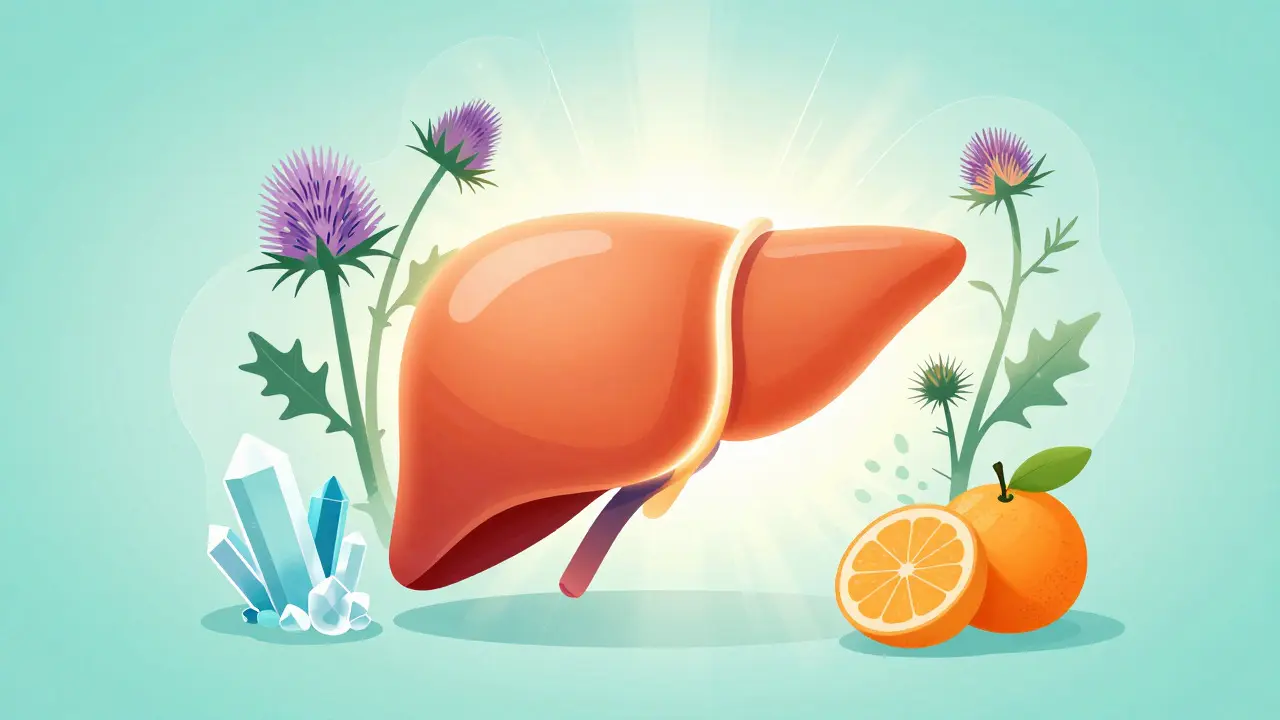 Konceptuální ilustrace podpory jater pomocí přírodních doplňků
