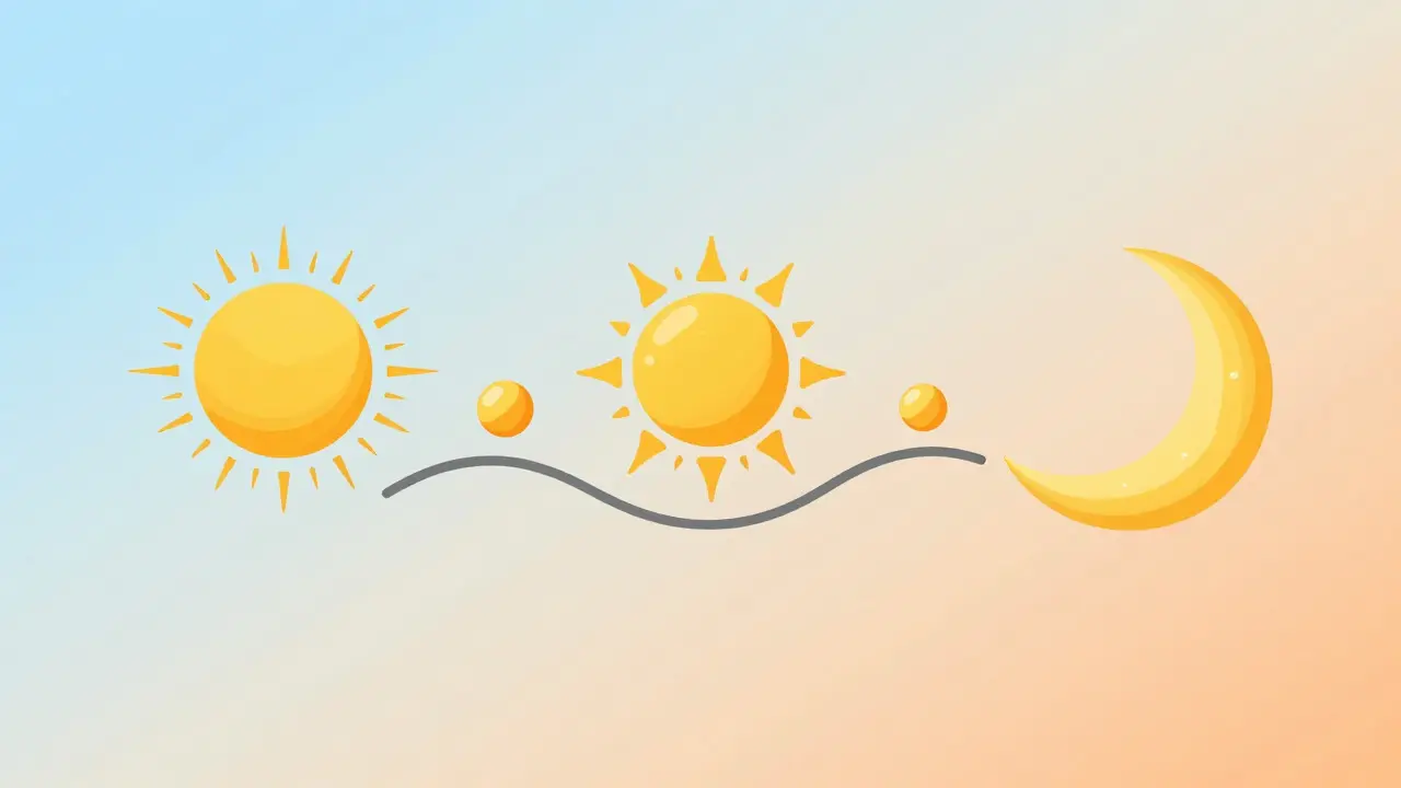 Konceptuální ilustrace rozdělování dávky vitamínu C do tří menších porcí během dne