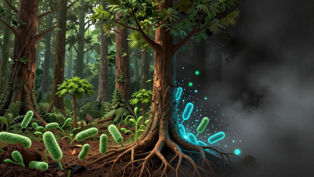 Konceptuální ilustrace střevní mikroflóry jako obnovujícího se lesa s bakteriemi