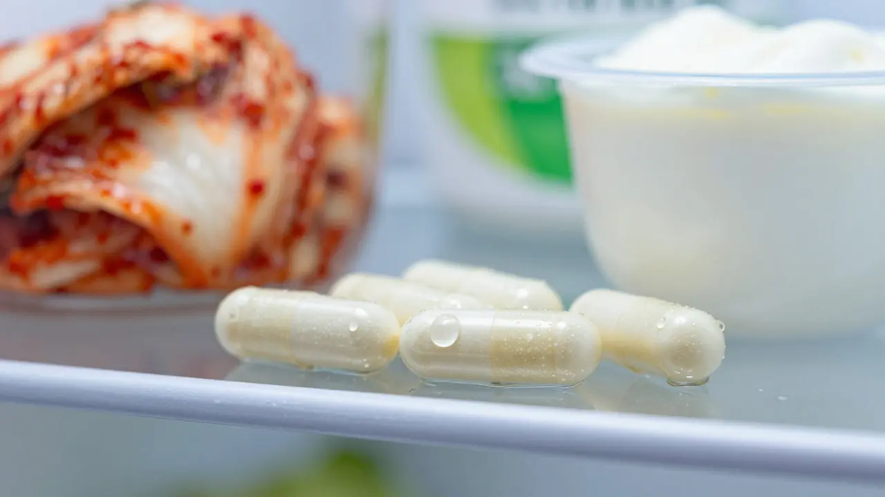 Makro záběr kapslí probiotik s kapkami vlhkosti v lednici