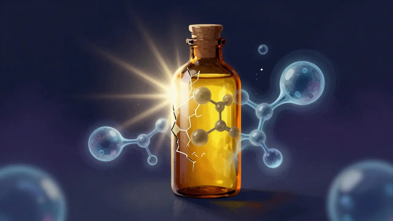 Abstraktní ilustrace světla a kyslíku ničícího molekuly vitamínů ve skleněné lahvi