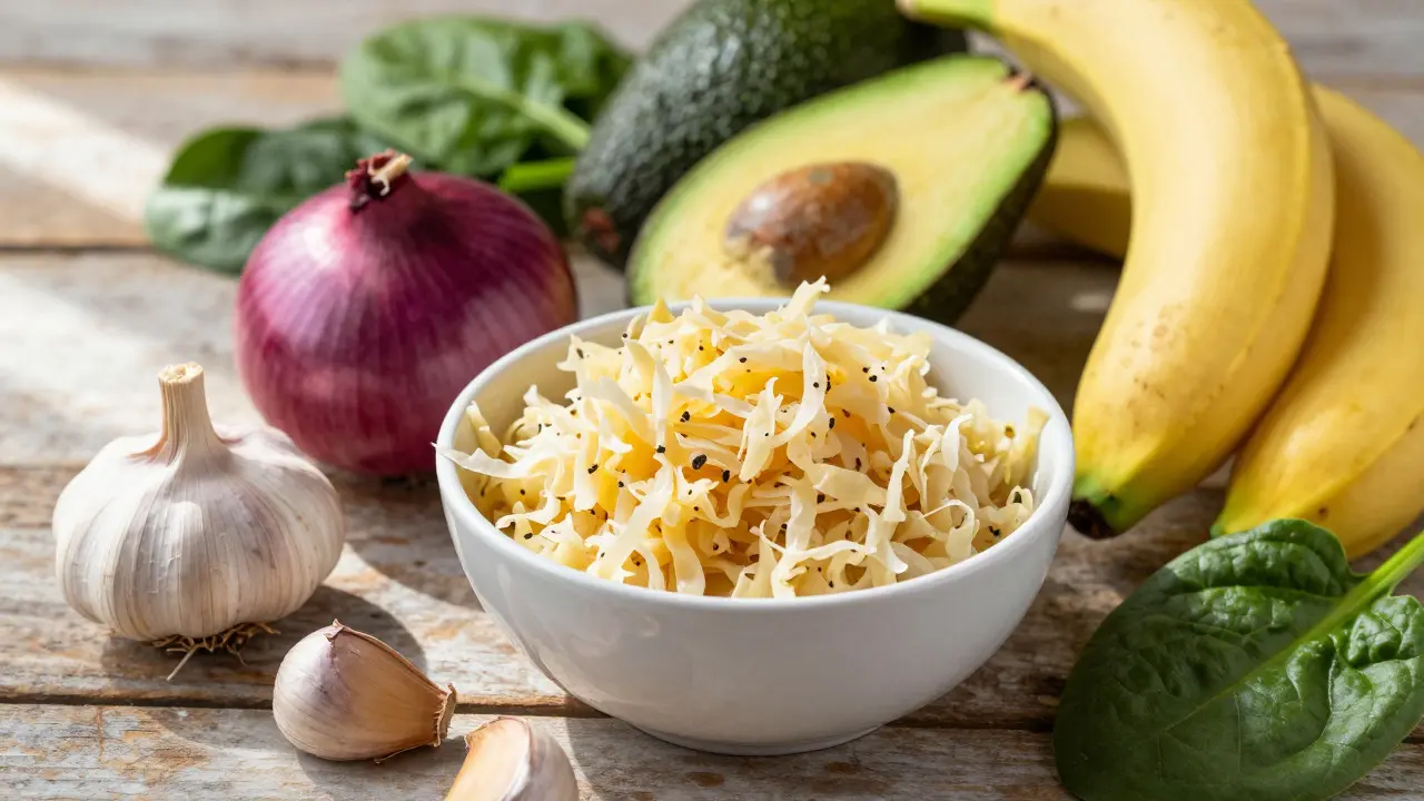 Assortment of prebiotic foods including garlic, onions, bananas, avocado, and sauerkraut on a wooden table.