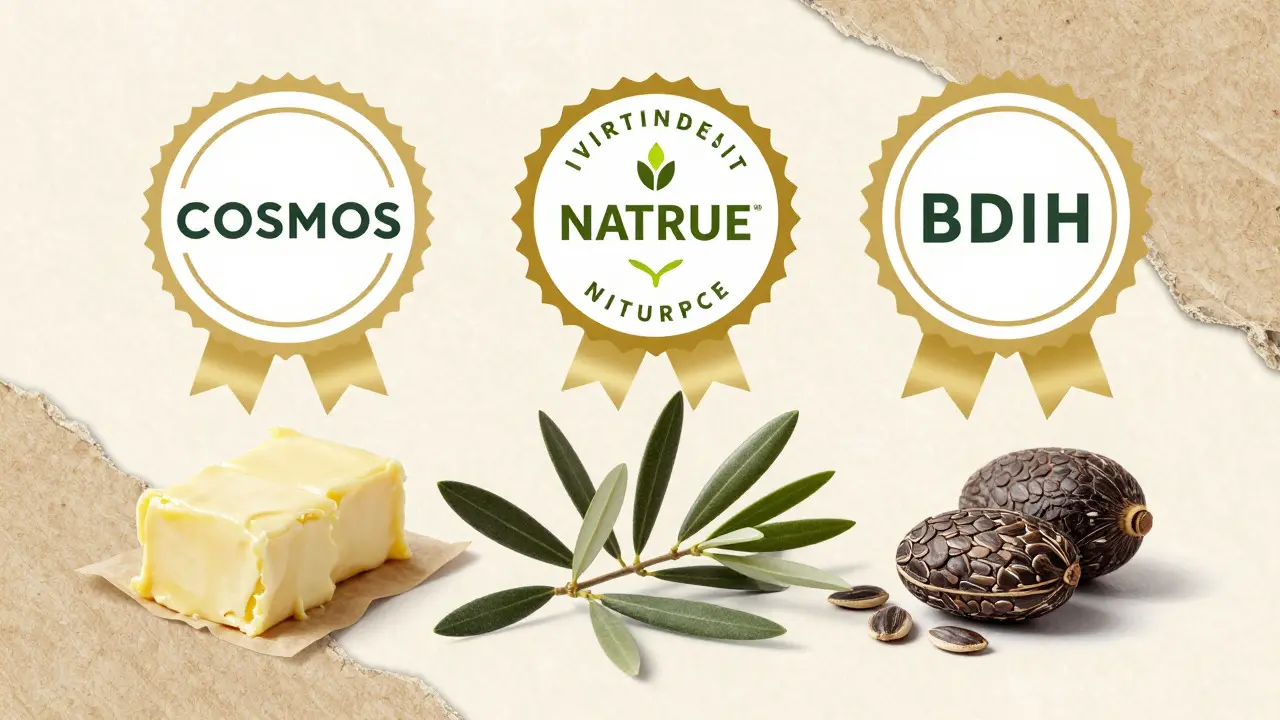 Certifikační štítky COSMOS a NATRUE nad bio surovinami