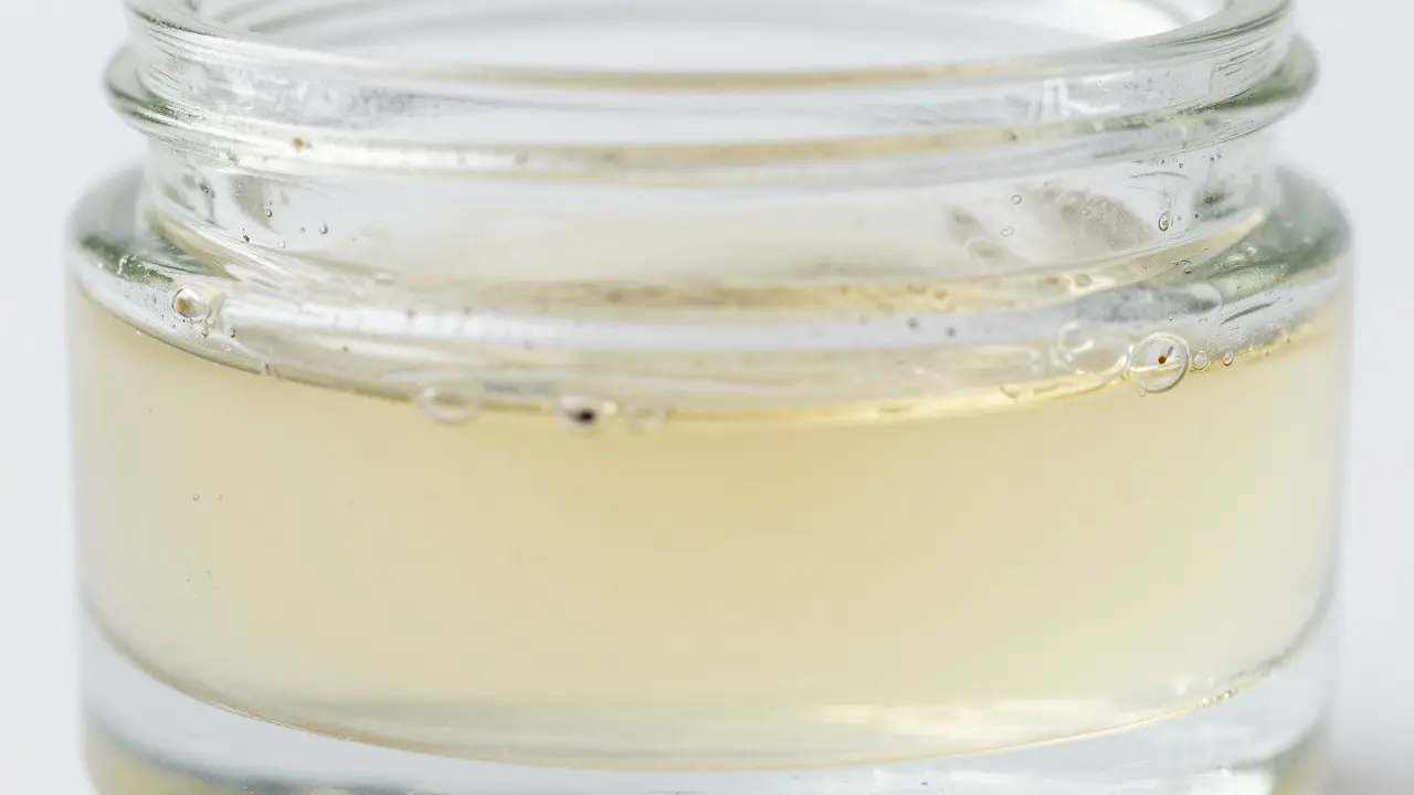 Close-up of face cream separating into oil and water layers inside a jar