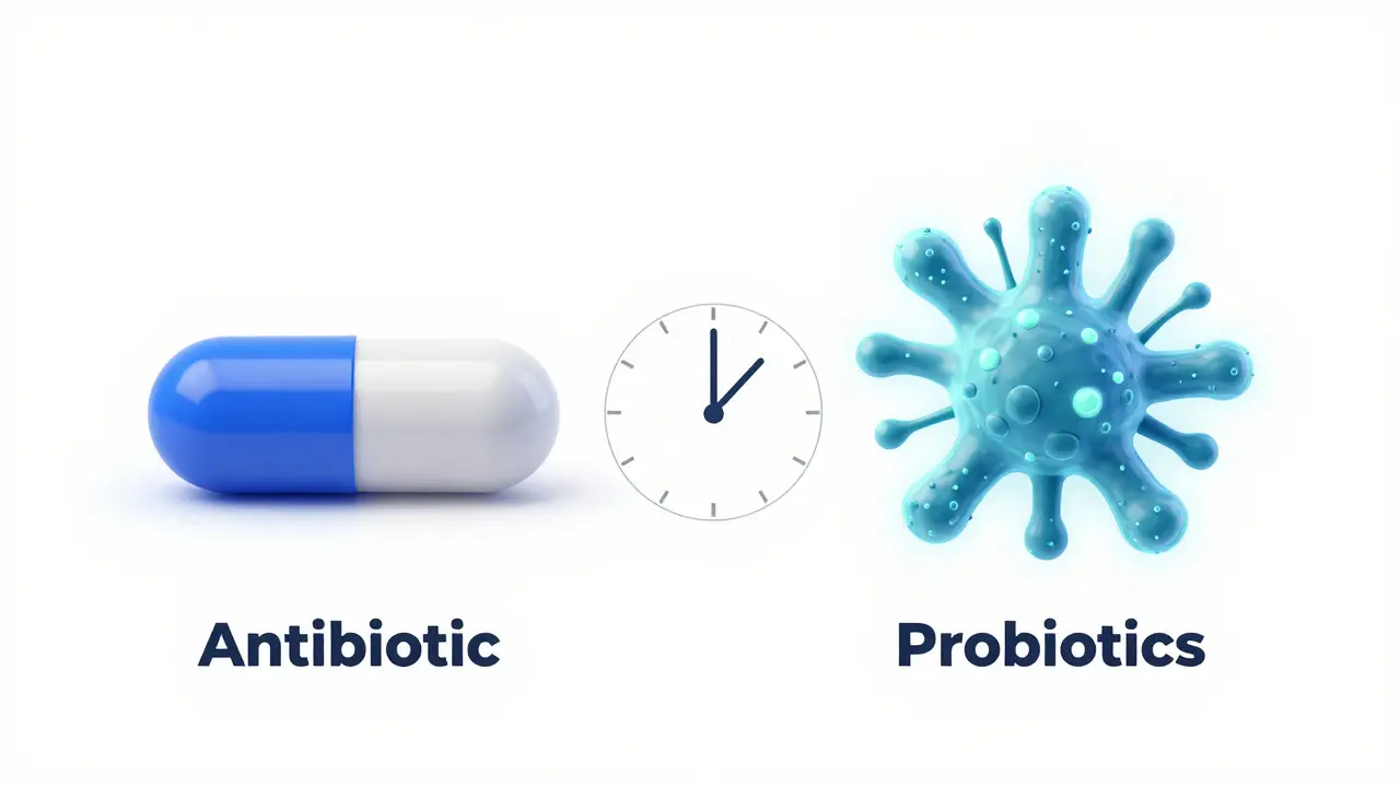 Conceptual graphic showing the need for a time gap between taking antibiotic pills and probiotic supplements.