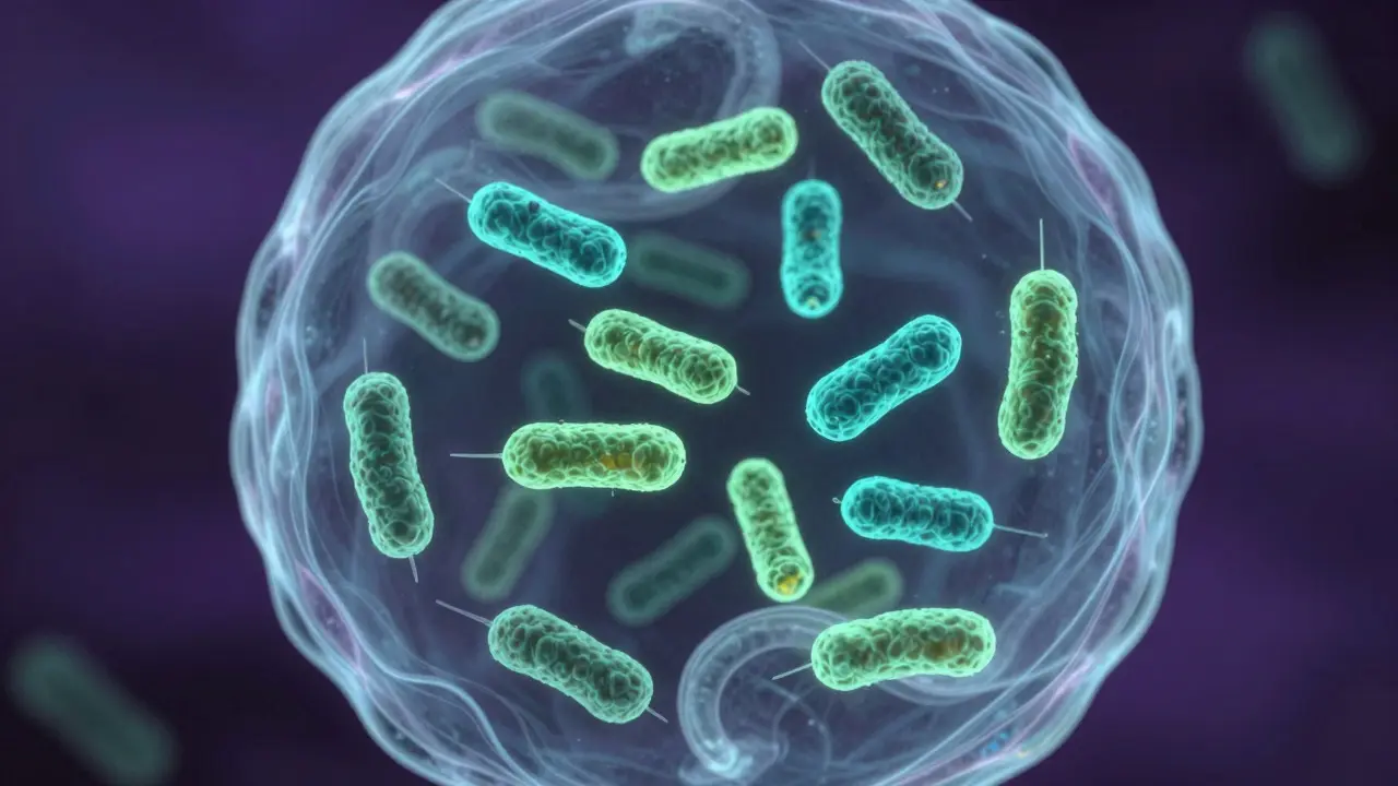 Glowing microscopic bacteria inside a translucent organic structure
