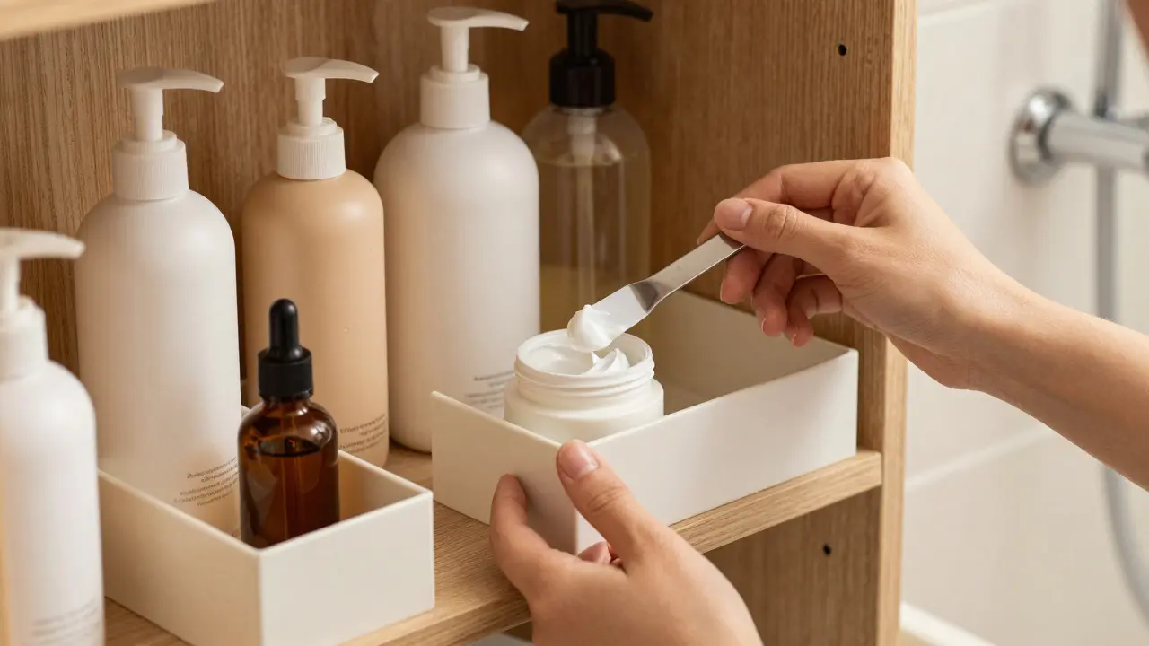Hand using a spatula to apply cream from a jar on a tidy shelf