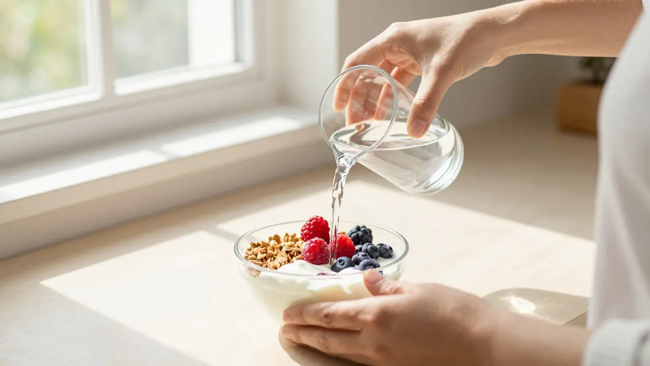 Hands preparing a glass of water and a bowl of yogurt with fruit