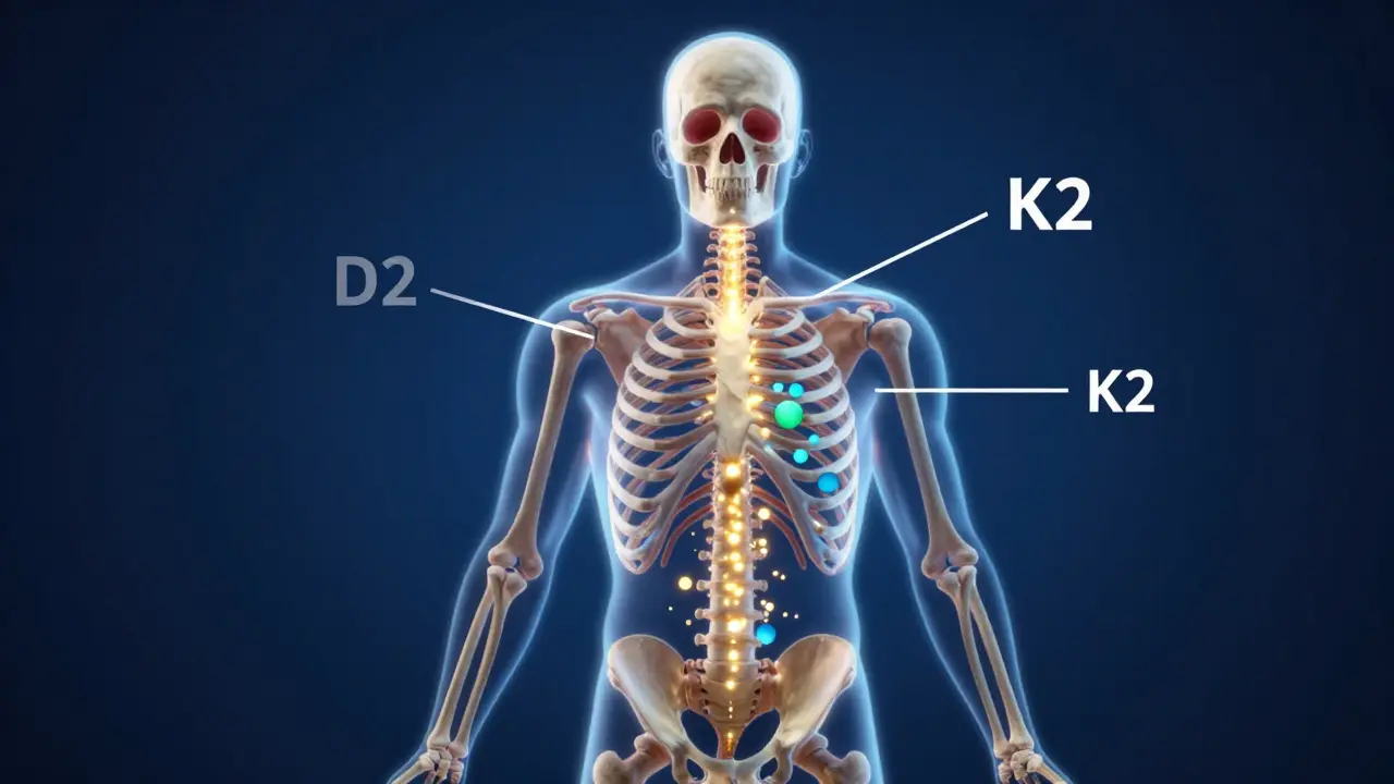 Konceptuální ilustrace ukazující spolupráci vitaminů D3 a K2 v kostech
