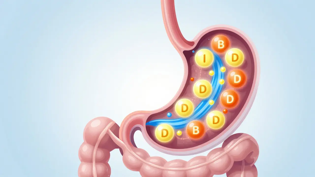 Konceptuální ilustrace vstřebávání vitamínů ve střevech s důrazem na roli tuků