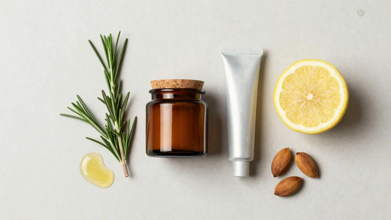 Přírodní kosmetika ve skleněných obalech s rostlinnými ingrediencemi.