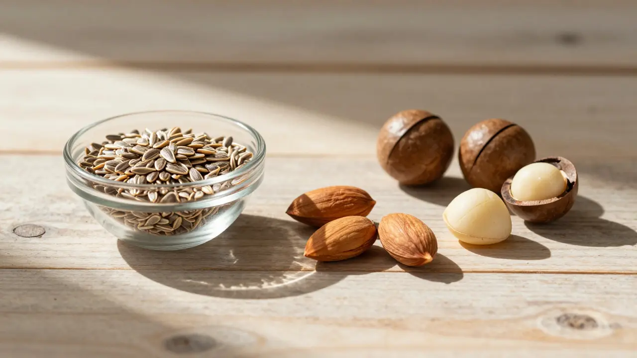 Přírodní suroviny jako jojoba, argan a makadámiá uspořádané na dřevěném stole