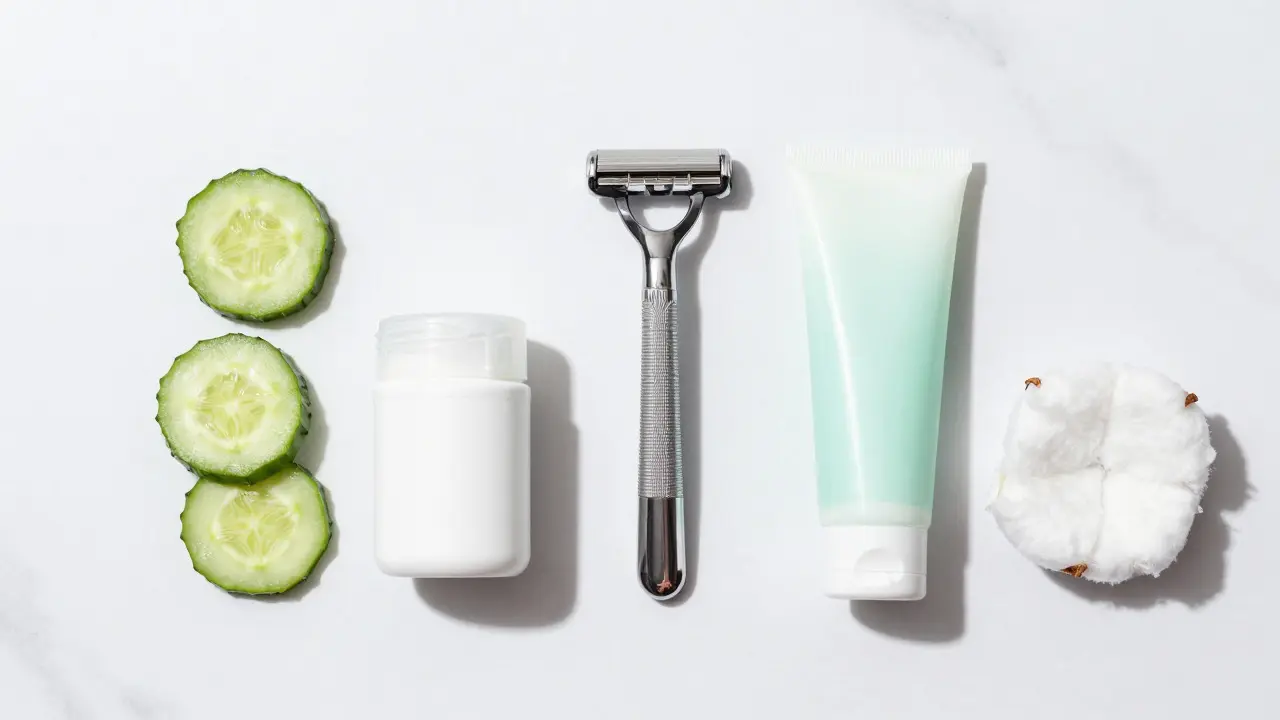 Různé metody depilace obličeje: břitva, krém a aloe vera na mramoru
