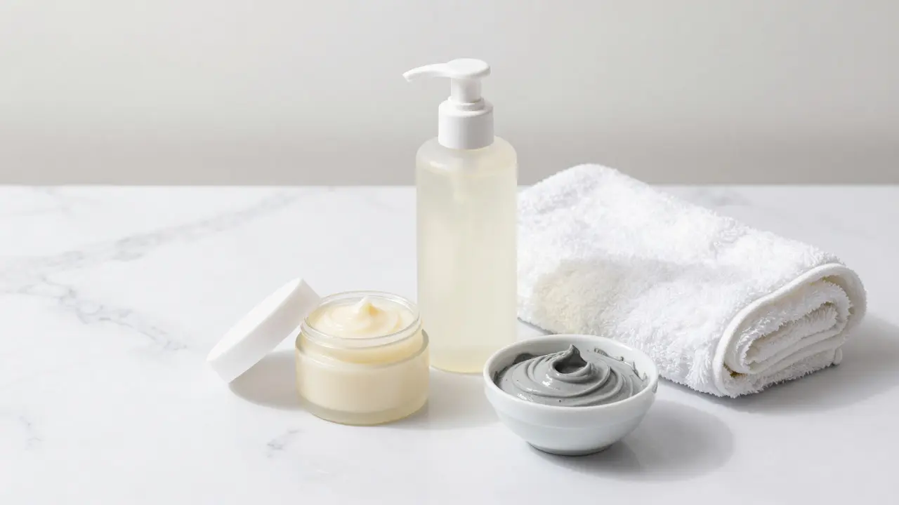 Skincare produkty: olej, gel a jíl na mramoru