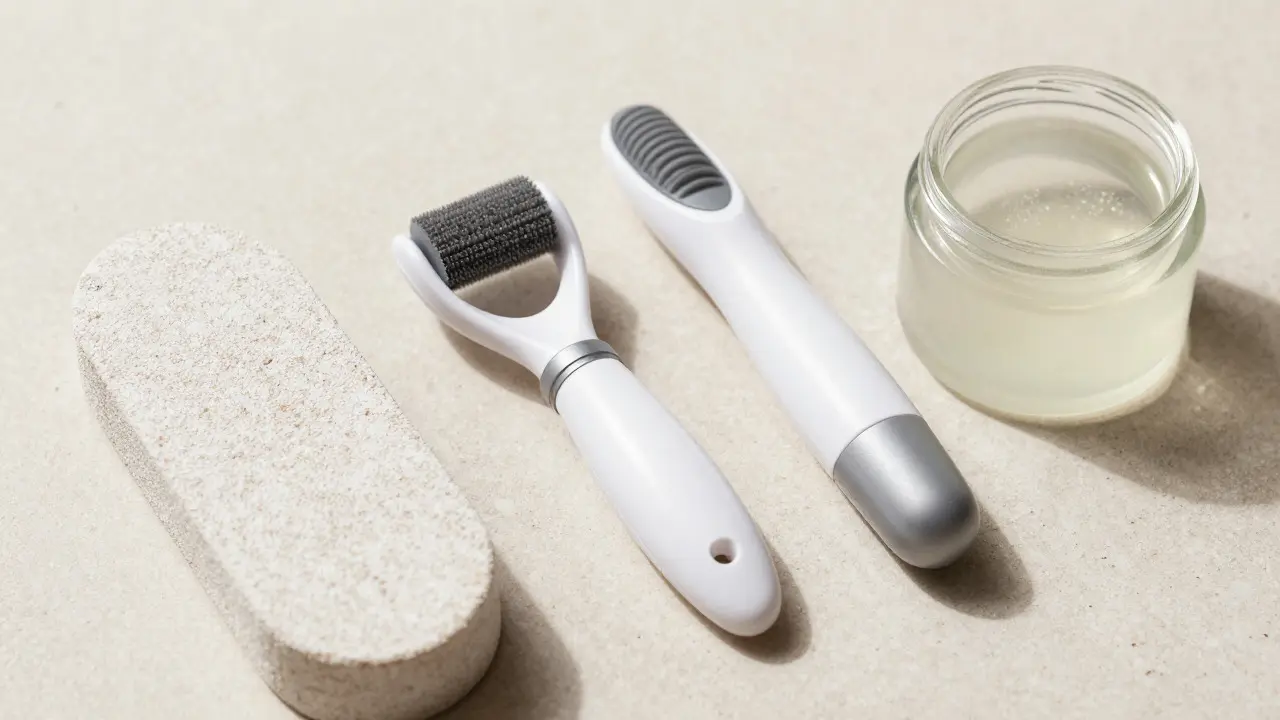 Srovnání nástrojů na péči o paty: pumice, elektrická pila a chemický peeling.