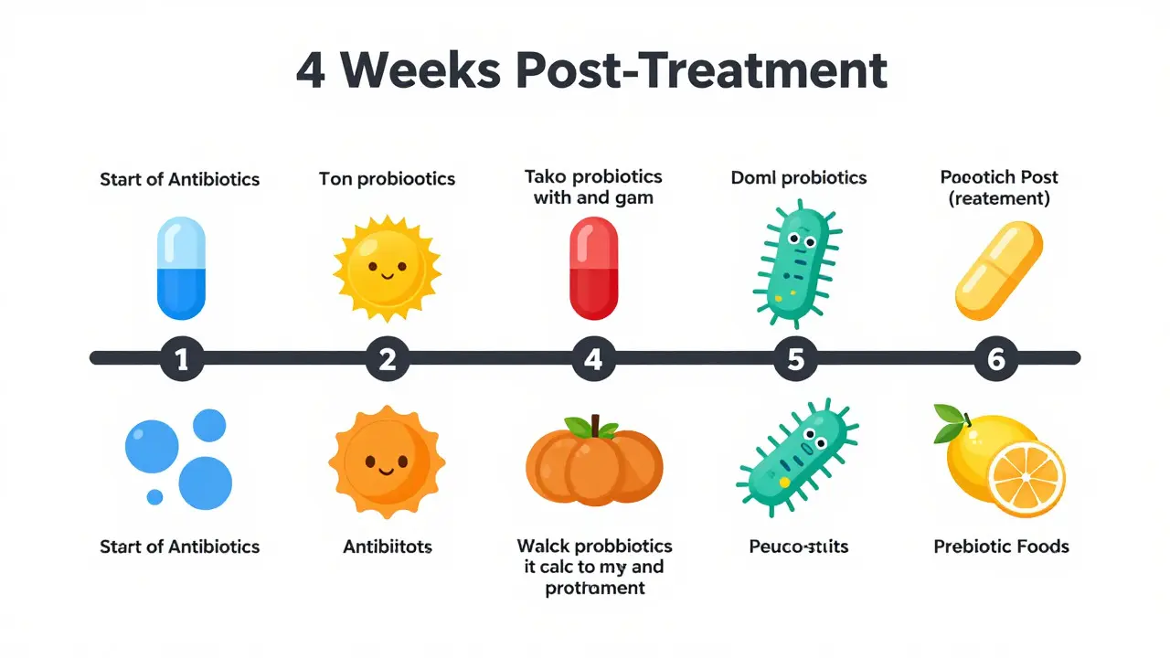 Timeline infographic illustrating the recommended duration and steps for gut recovery after antibiotic therapy.