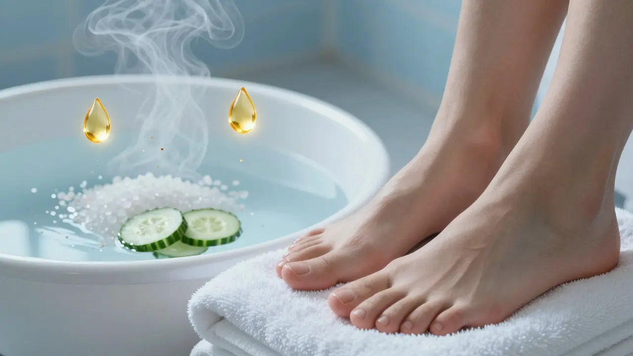 Zdravé nohy u lázeňské misky se solí a symboly hydratace