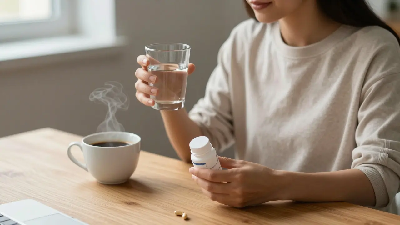 Žena u stolu s vodou a láhví multivitaminů, káva je oddělená pro lepší absorpci
