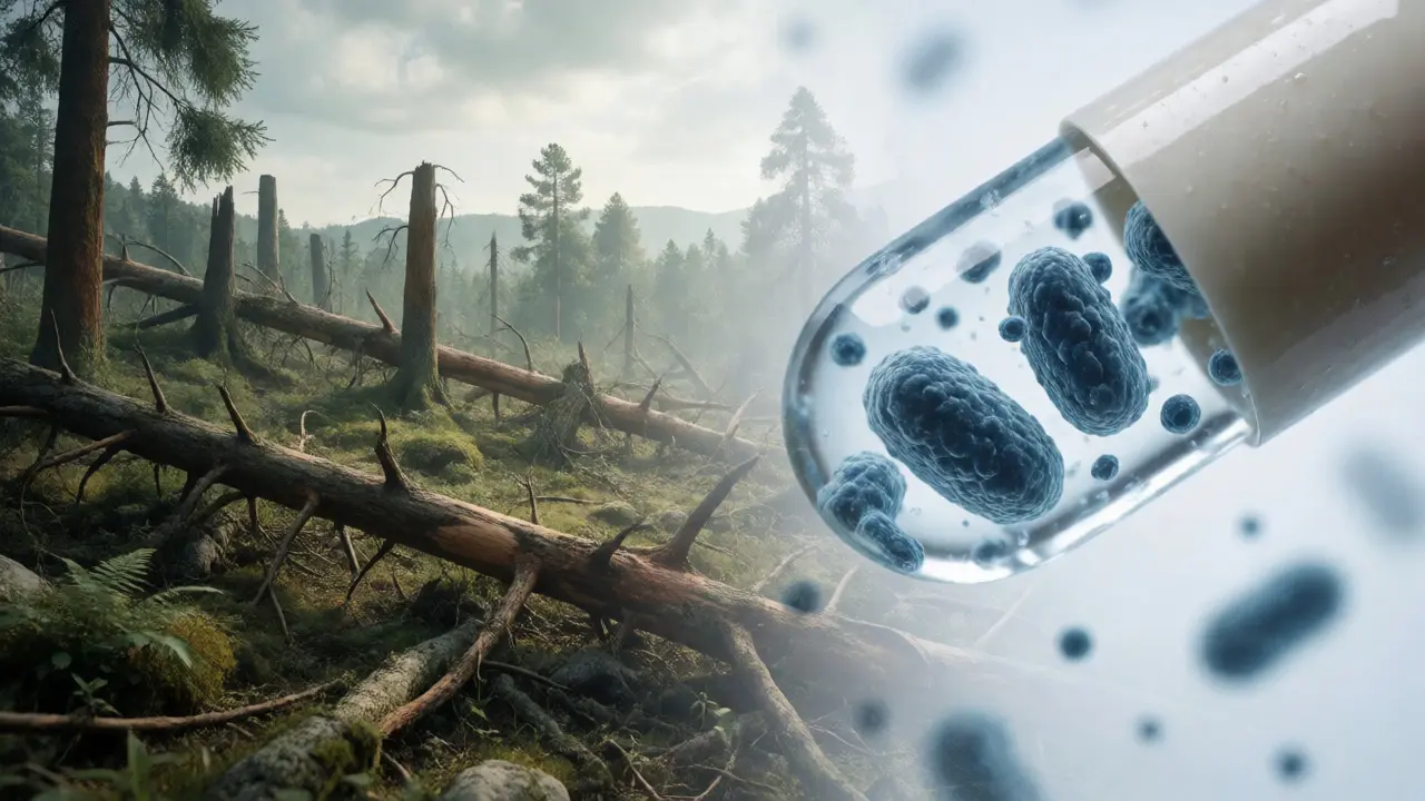Dramatická vizualizace ničení střevní flóry antibiotiky jako výbuch v lese