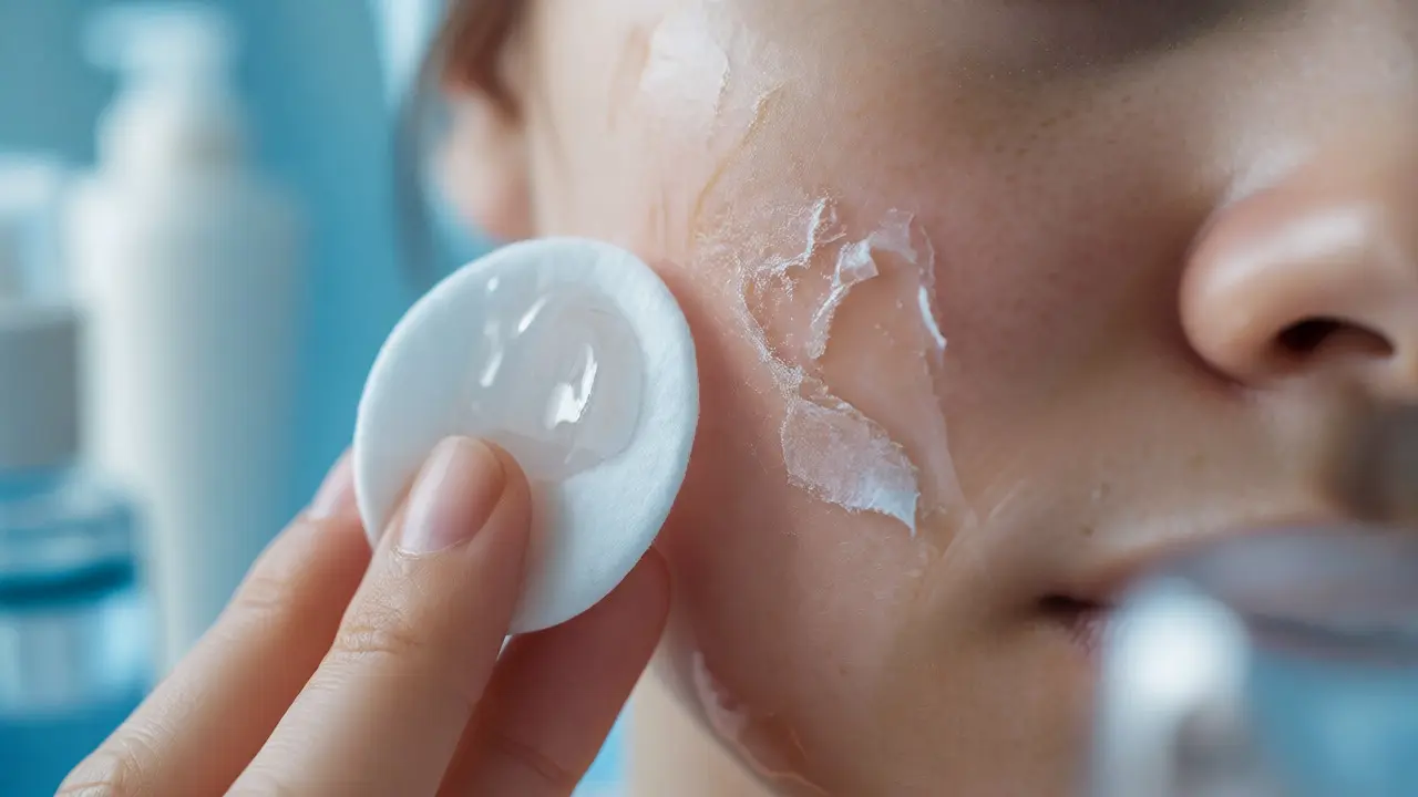 Jemné loupání kůže na tváři s aplikací hydratačního spreje
