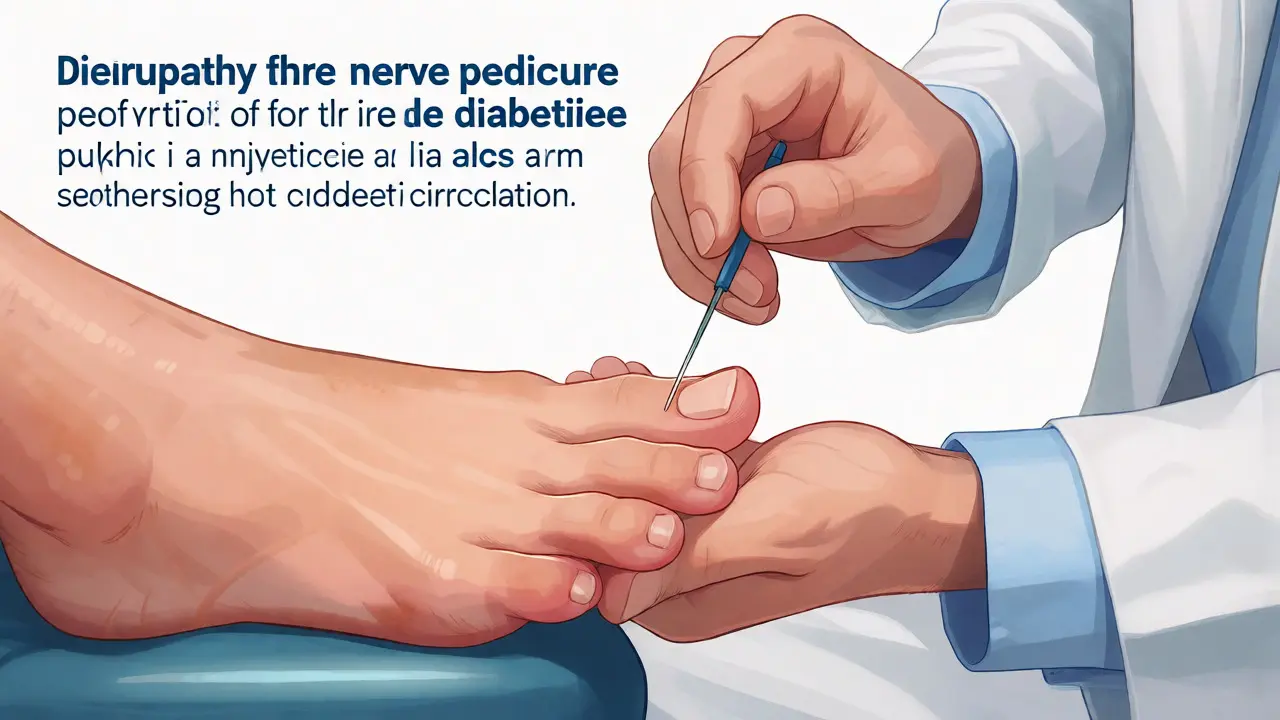 Lékařská prohlídka diabetické nohy s důrazem na citlivost nervových zakončení.