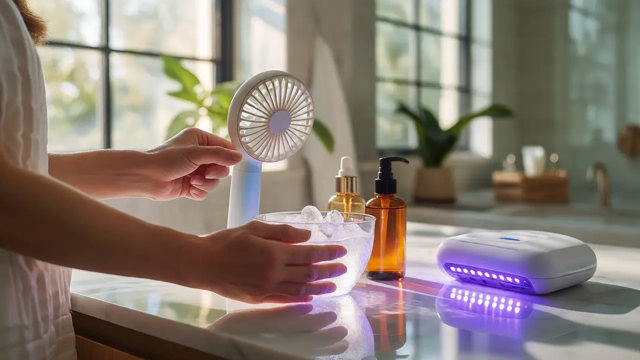 Rukavice s nástroji pro rychlé sušení laku včetně ventilátoru a ledové vody