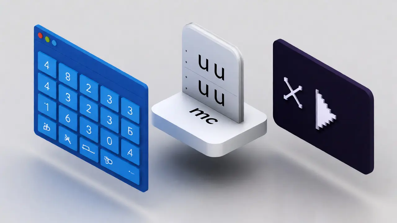 Třírozměrný vizuál rozdílných metod zadávání znaků pro Windows, MacOS a Linux.