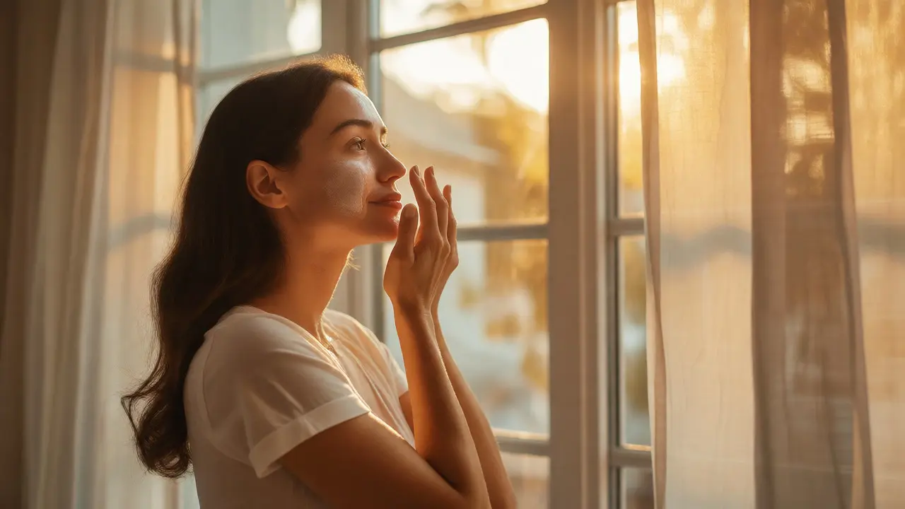 Žena nanáší ochranný krém SPF na zářivou pleť u okna