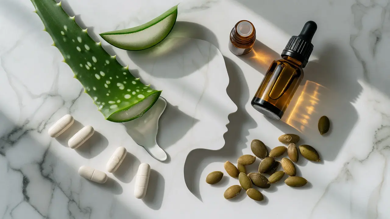 Aloe vera, olej z čajovníku a minerály uspořádané kolem siluety hlavy
