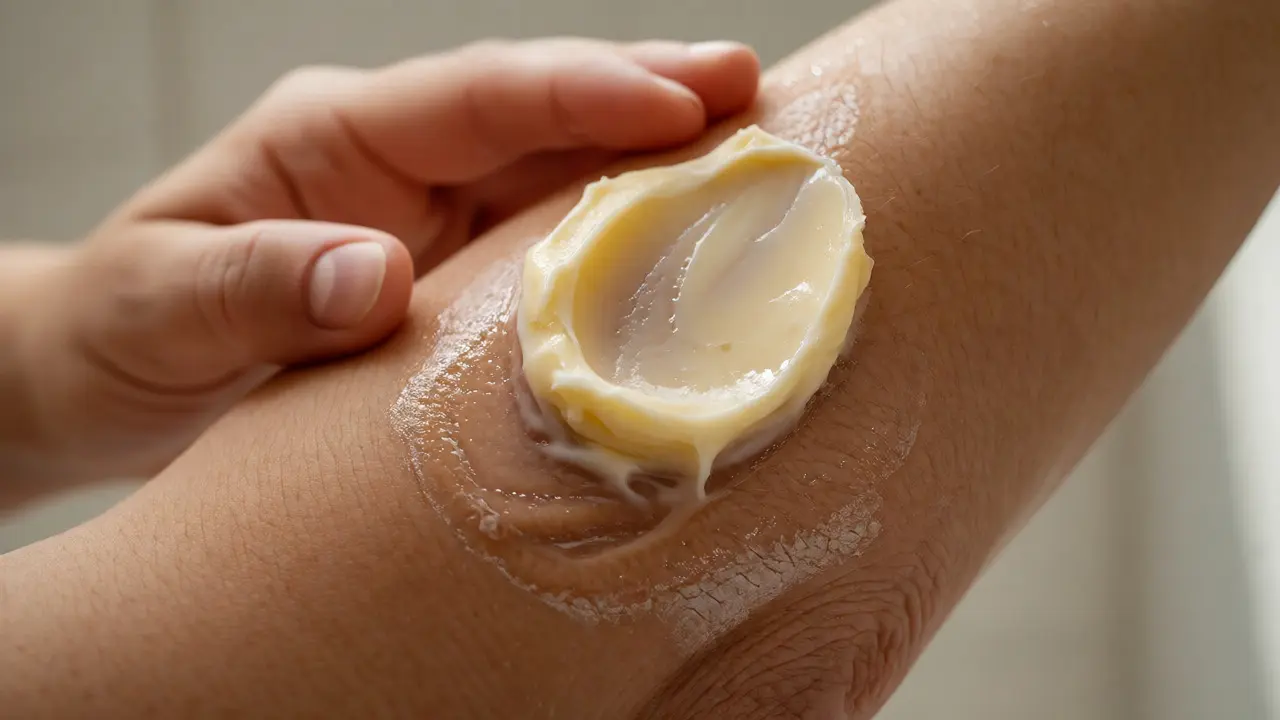 Aplikace nerafinovaného bambuckého másla na suchou kůži lokte