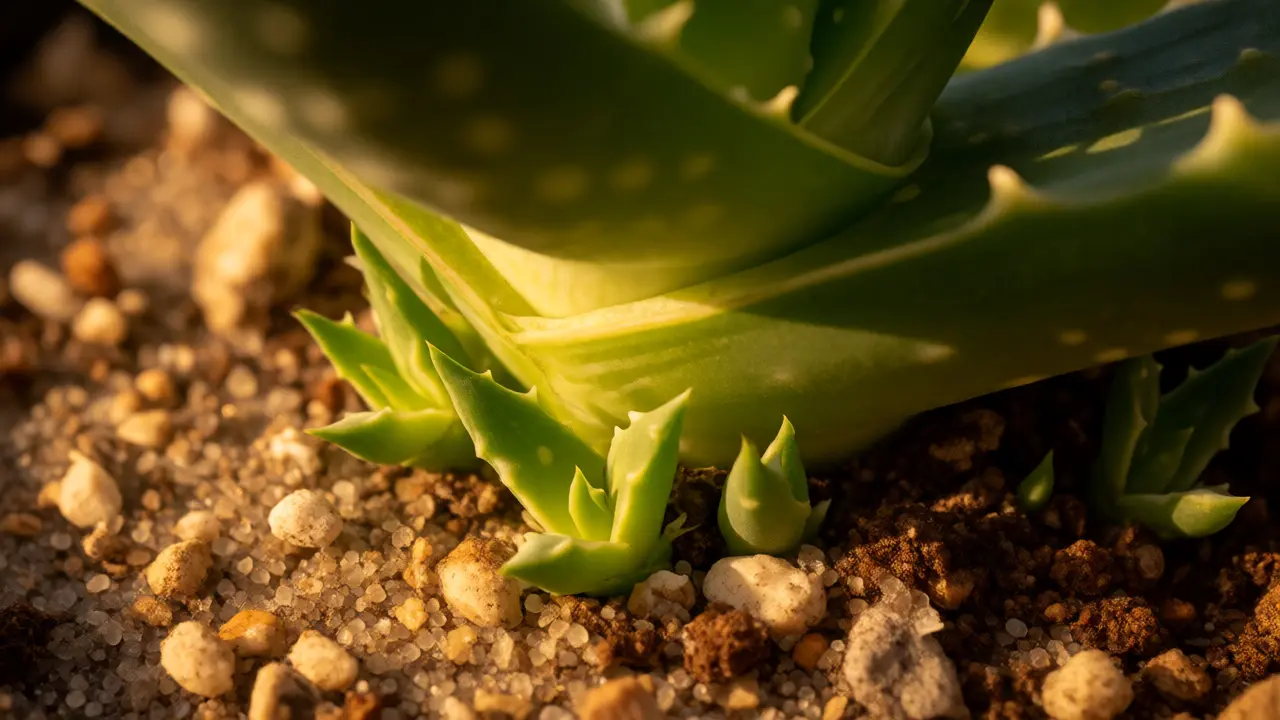 Detail malých odnoží aloe vera vyrůstajících z mateřské rostliny