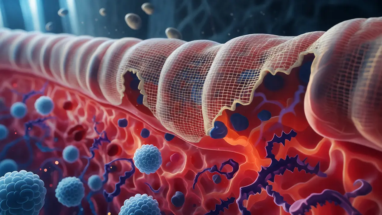 Konceptuální znázornění propustného střeva a zánětu po antibiotikách