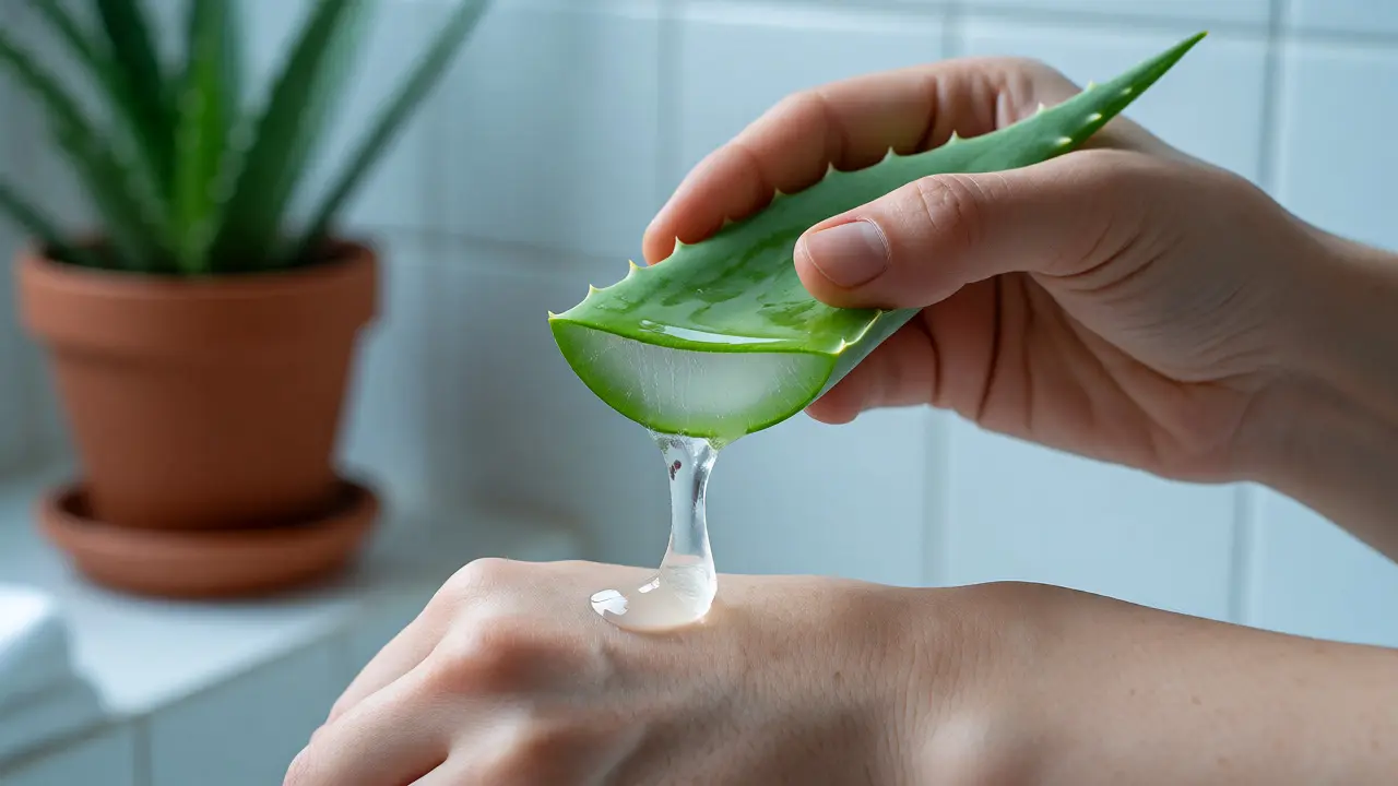 Ruka nanášející čerstvý gel z listu aloe vera na pokožku