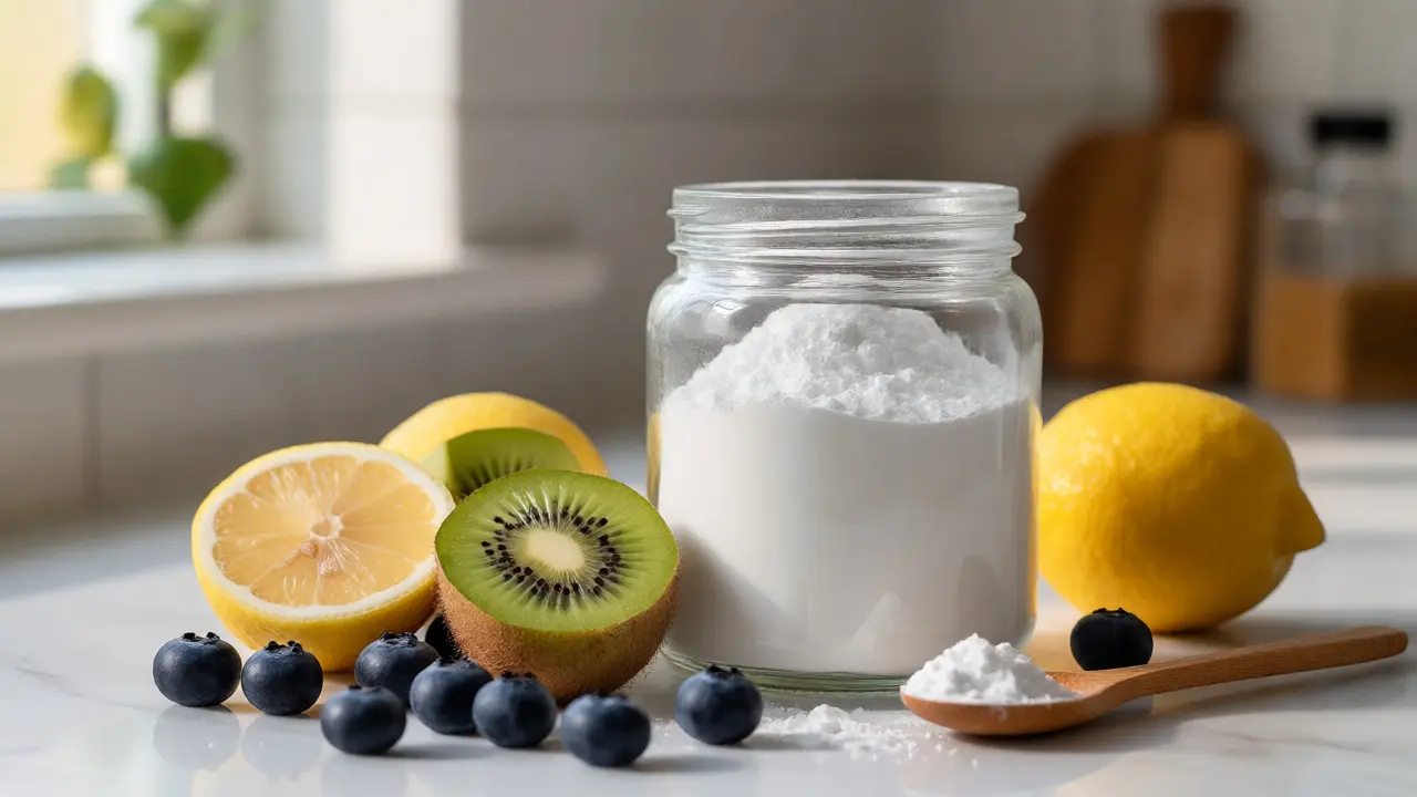 Sklenice s kolagenovým práškem obklopená citrony, kiwi a borůvkami