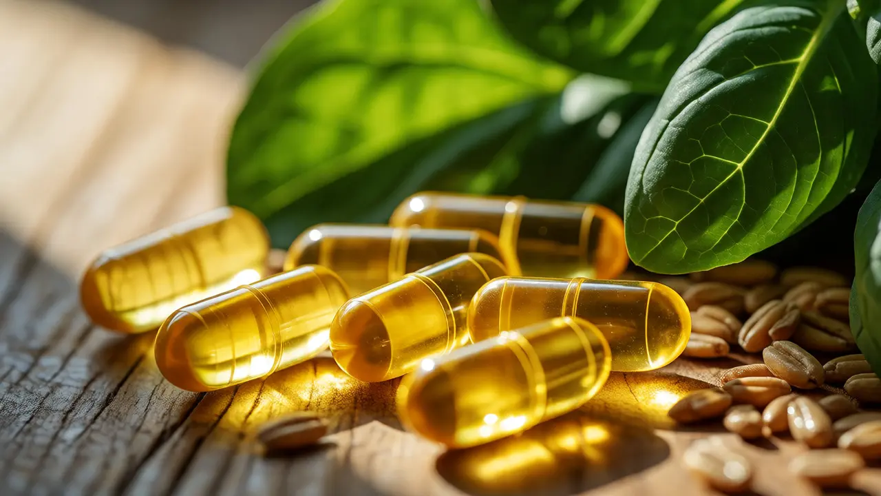 Žluté vitamíny vedle zdravého jídla ve slunečním světle